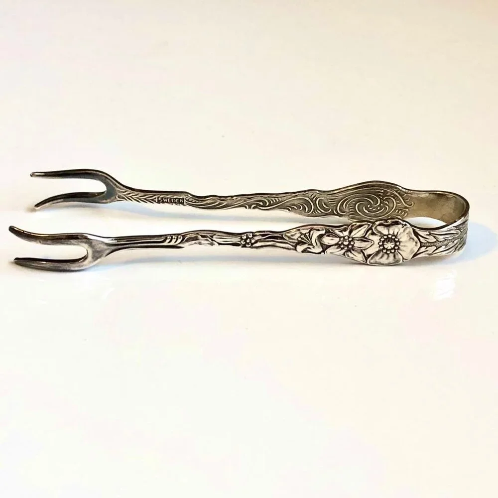 Antique Nils Johan Sweden Silver Plate Petite Forked Sugar Tongs Amsterdam Flora